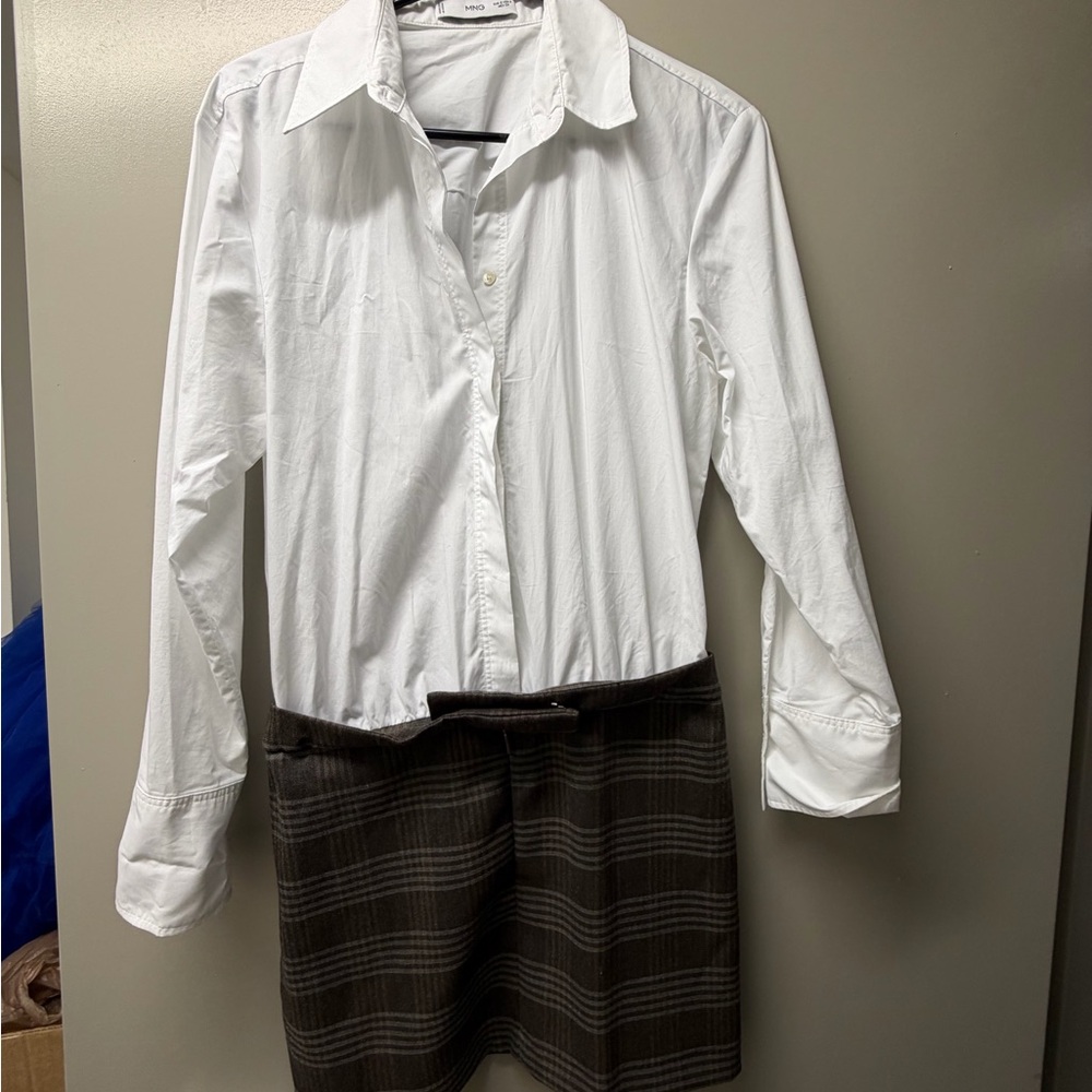 Mango white button down dress w a plaid mini skirt